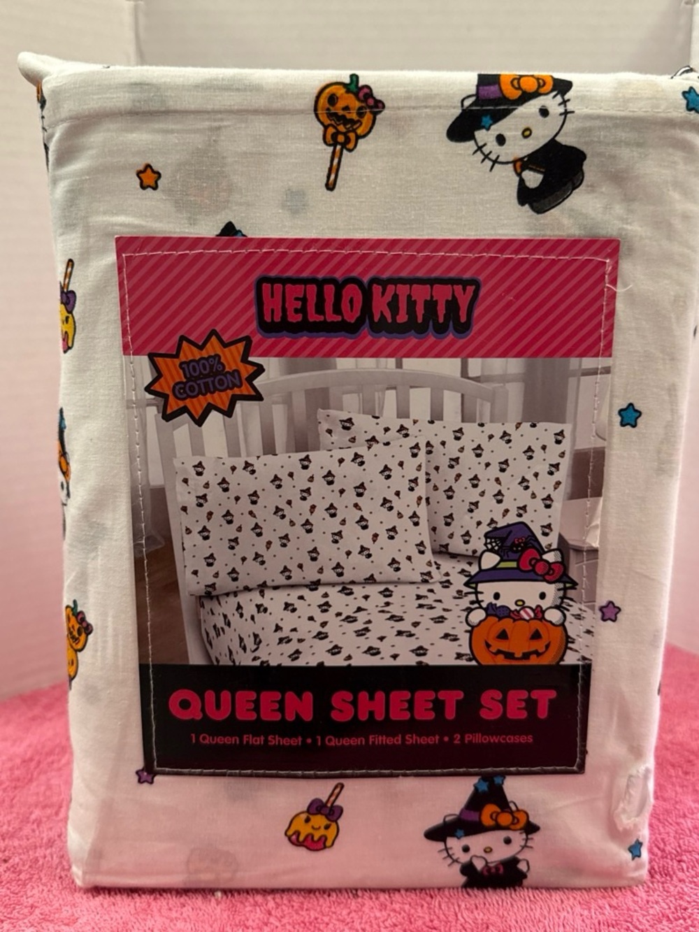 Hello Kitty White Halloween Queen Bedding Set with Colorful Accents